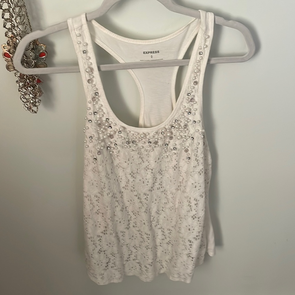 Express beaded white race back tank top